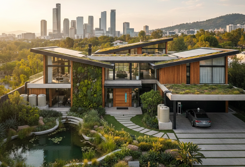 Exterior de casa ecosustentable en Santa Fe con diseño bioclimático